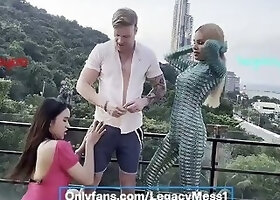 Threesome tow sexy stunning Big Tits Big Cock fucking outdoor with lucky guy