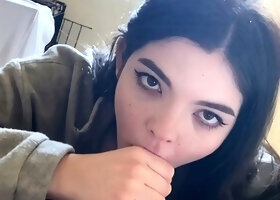 Big tit brunette sucks a big cock blowjob POV