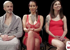 3some BDSM dominas in red lingerie facesit and peg their sub