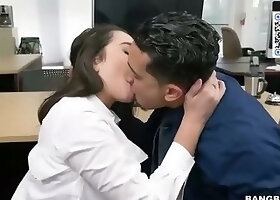 Brunette woman gives her coworker a deep blowjob