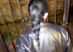 Public encounter in leather jacket